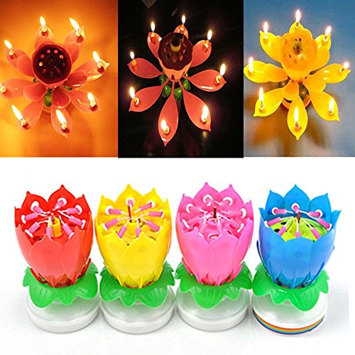 JUYOU 4 Pack Romantic Happy Birthday Music Play Lotus Candle Magic Musical Candle Flower Special For Birthday (4 Packs…